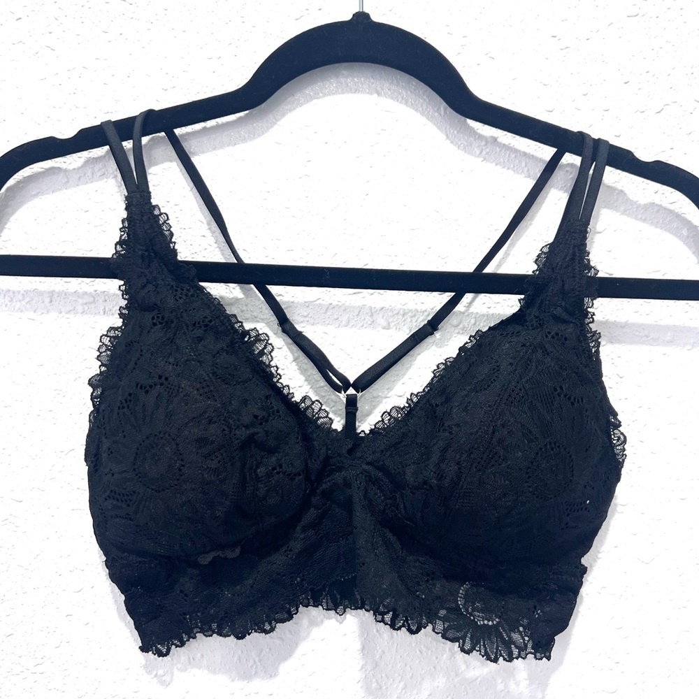 Aerie Black Lace Padded‎ Push Up V-neck Bralette small